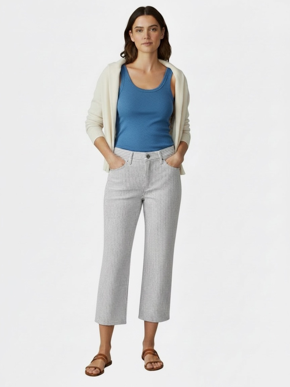 NYDJ Straight Leg Cropped Jeans Light Blue White Pinstripe Nautical Coastal S 10